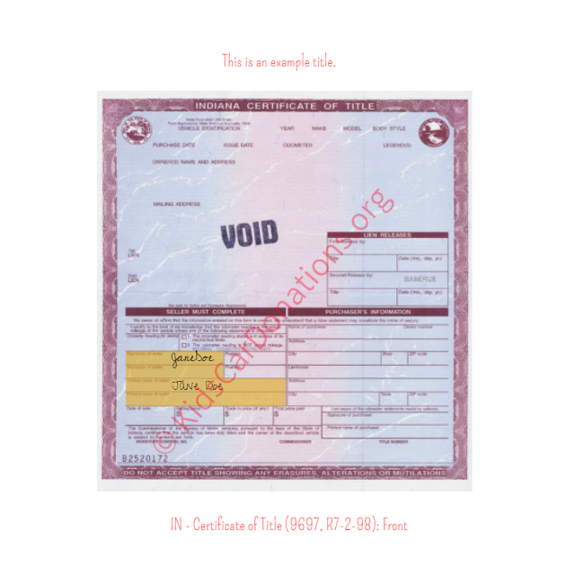 This is an Example of Indiana Certificate of Title (9697, R7-2-98) Front View | Kids Car Donations